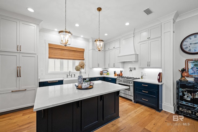 kitchen with light wood-type flooring, custom range hood, high end stainless steel range oven, white cabinets, and a kitchen island