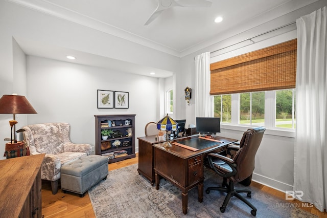 office area with crown molding, ceiling fan, and hardwood / wood-style flooring