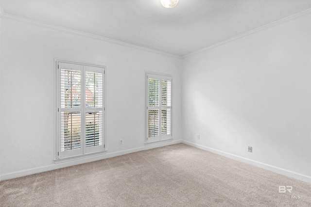 unfurnished room with light colored carpet and ornamental molding