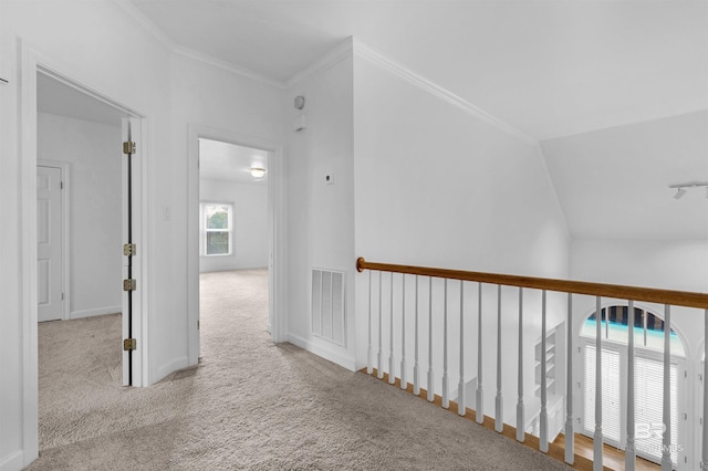 hall with crown molding and light colored carpet