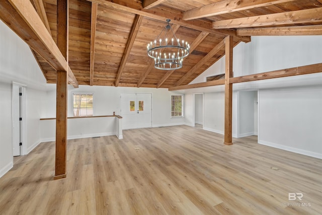 unfurnished living room featuring beam ceiling, wood ceiling, light hardwood / wood-style floors, and an inviting chandelier