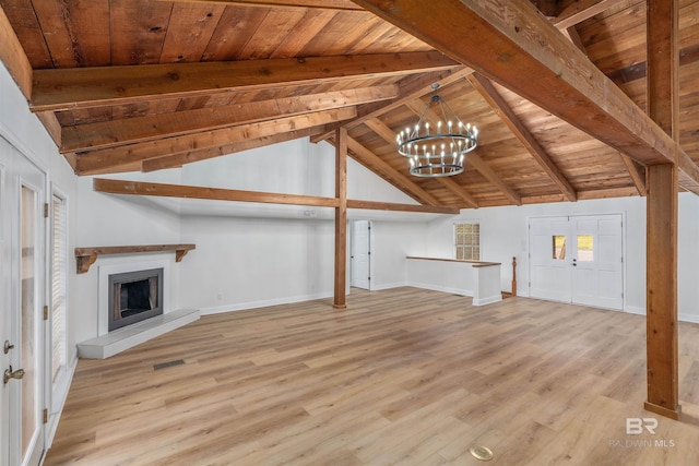 unfurnished living room with wooden ceiling, lofted ceiling with beams, and light wood-type flooring