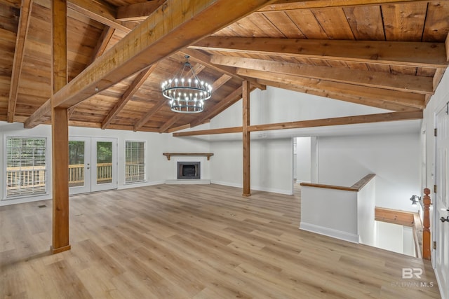 unfurnished living room with lofted ceiling with beams, light hardwood / wood-style flooring, and wood ceiling