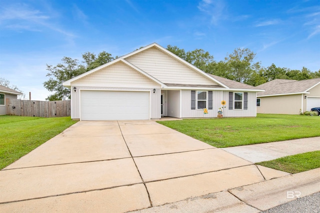 ranch-style home with a front yard and a garage