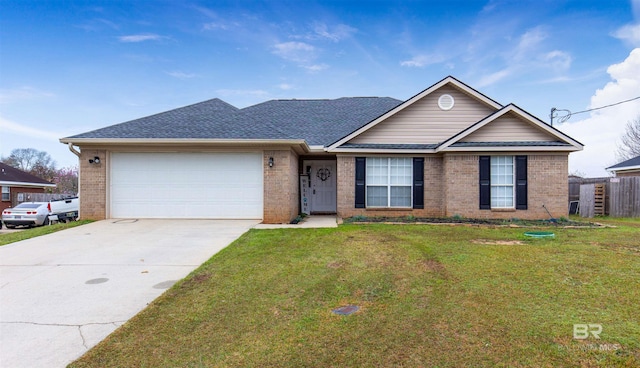 ranch-style house with a garage, concrete driveway, a front lawn, and brick siding