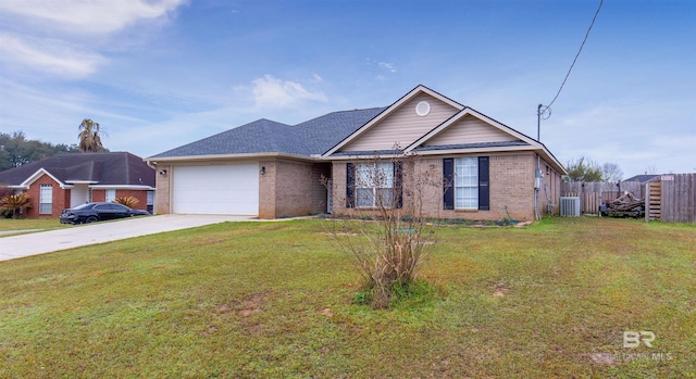 ranch-style house with an attached garage, brick siding, fence, concrete driveway, and a front yard