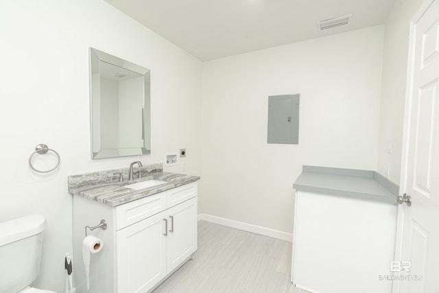 half bathroom featuring toilet, vanity, wood finished floors, electric panel, and baseboards