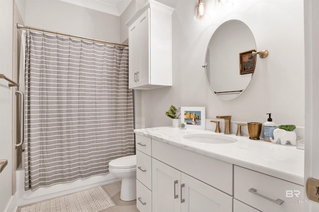 full bathroom with shower / bath combo with shower curtain, tile patterned flooring, vanity, and toilet