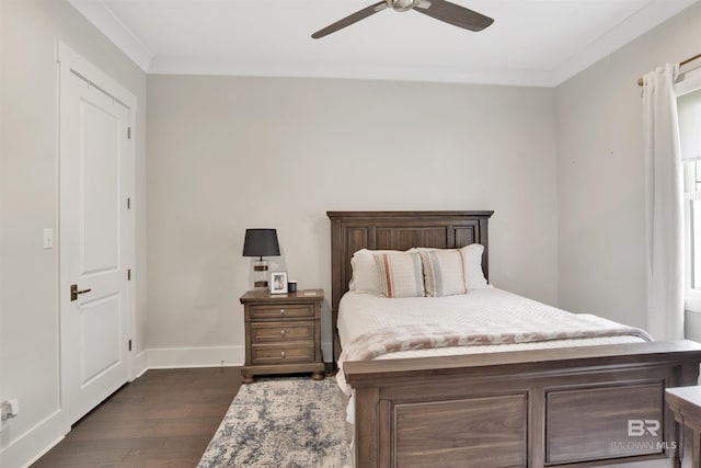 bedroom with a ceiling fan, crown molding, baseboards, and dark wood-style flooring