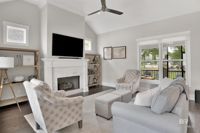 living area with lofted ceiling, a fireplace, baseboards, and wood finished floors