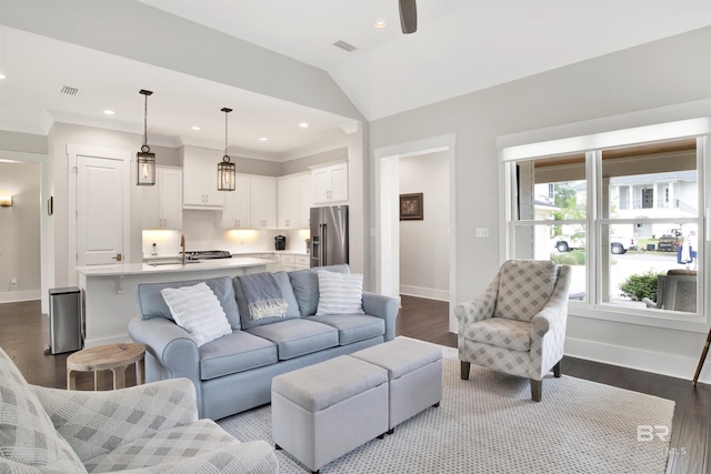 living room with sink, wood-type flooring, and lofted ceiling