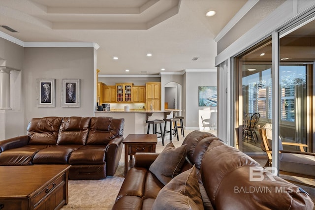 living room with a tray ceiling and crown molding