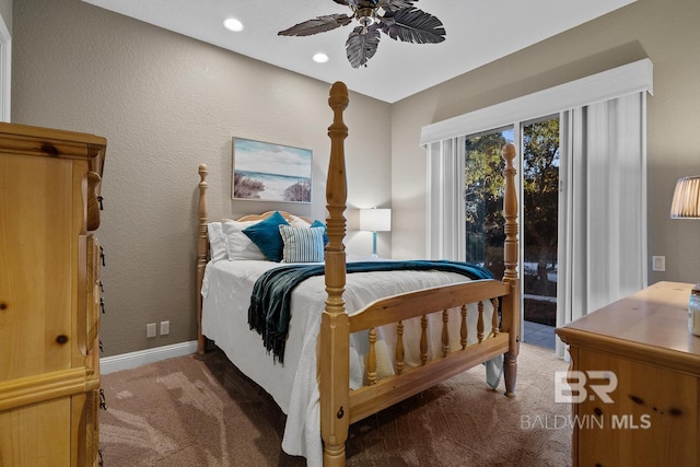 carpeted bedroom featuring ceiling fan