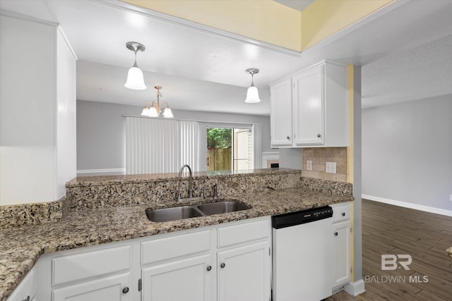 6701 Dickens Ferry Rd Unit 40, Mobile, AL 36608 - kitchen with white dishwasher, a sink, white cabinets, light stone countertops, and tasteful backsplash
