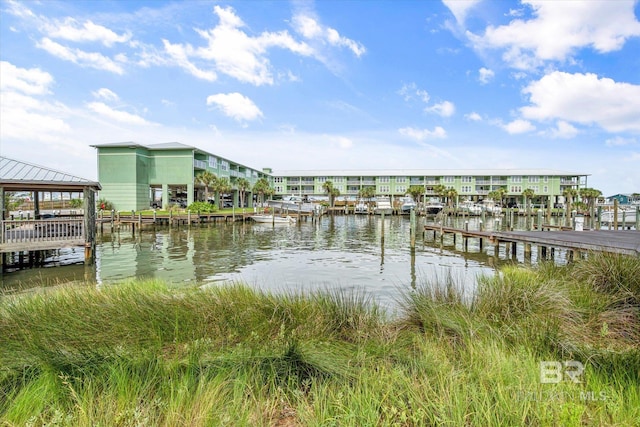 view of dock with a water view