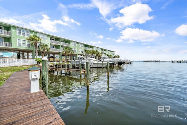 dock area with a balcony and a water view