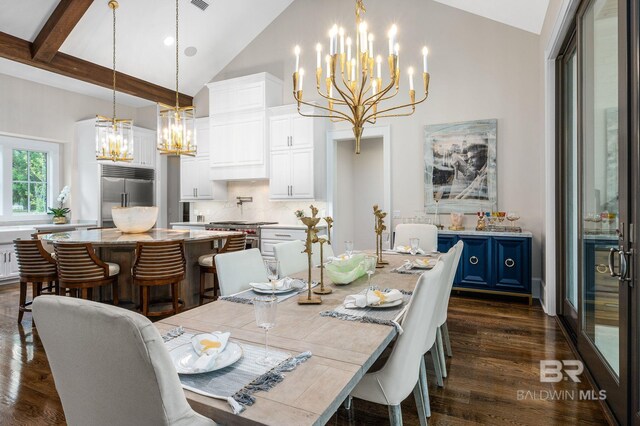 dining area featuring high vaulted ceiling, an inviting chandelier, dark wood finished floors, and beam ceiling