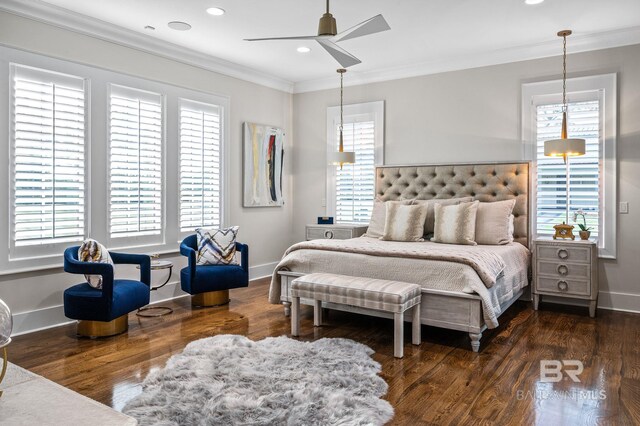 bedroom featuring ornamental molding, wood finished floors, baseboards, recessed lighting, and a ceiling fan
