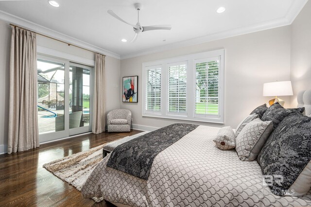 bedroom featuring access to exterior, wood finished floors, baseboards, ornamental molding, and recessed lighting