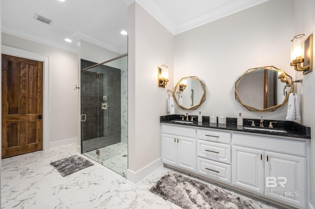 bathroom with visible vents, a sink, baseboards, and ornamental molding