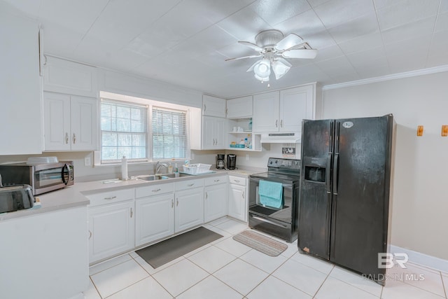 kitchen with open shelves, black appliances, under cabinet range hood, a ceiling fan, and white cabinets