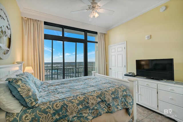 bedroom with ornamental molding, ceiling fan, access to outside, and tile flooring