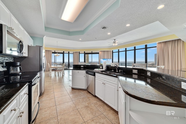 kitchen with crown molding, stainless steel appliances, white cabinets, and a raised ceiling