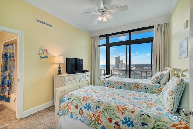 tiled bedroom with ceiling fan, crown molding, and access to outside