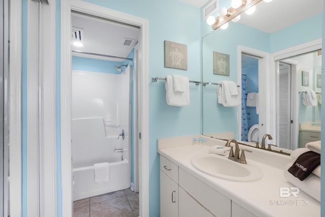 full bath featuring tile patterned flooring, shower / bathing tub combination, vanity, and visible vents