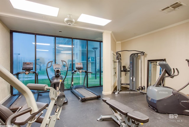 exercise room with a skylight, floor to ceiling windows, ornamental molding, and visible vents