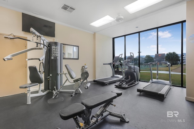 gym featuring visible vents, baseboards, and crown molding