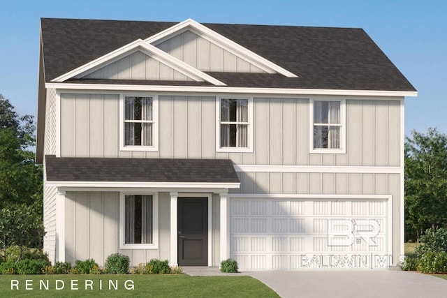 modern farmhouse featuring roof with shingles and concrete driveway
