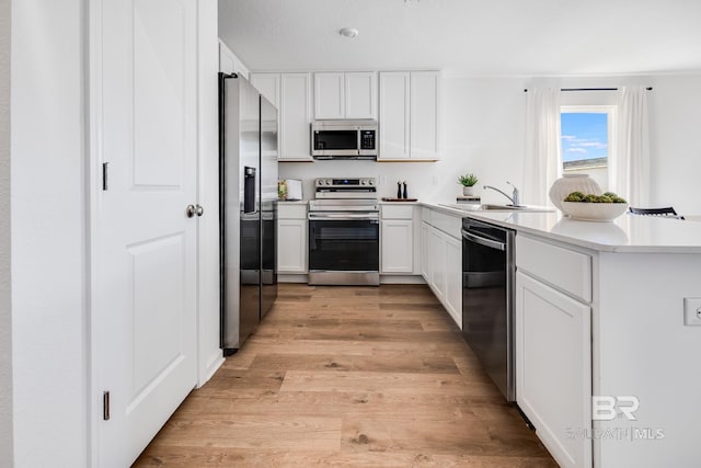 kitchen with a peninsula, white cabinetry, a sink, light wood-style flooring, and stainless steel appliances
