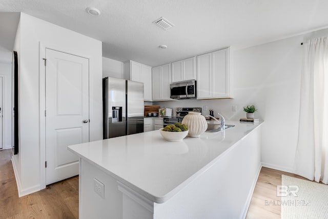 kitchen featuring a sink, white cabinets, a peninsula, light wood-style floors, and stainless steel appliances