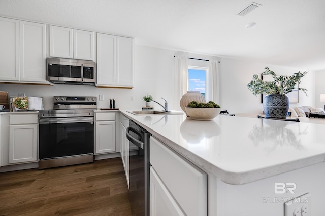 kitchen featuring a peninsula, light countertops, a sink, dark wood finished floors, and appliances with stainless steel finishes