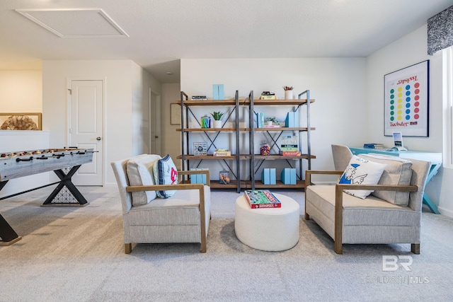 sitting room featuring carpet floors and baseboards