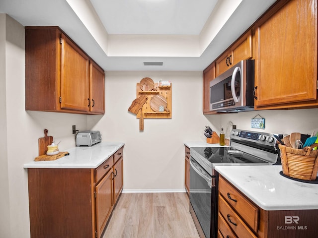 kitchen featuring light hardwood / wood-style flooring, a raised ceiling, and appliances with stainless steel finishes