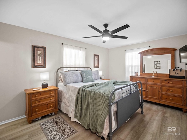 bedroom with ceiling fan and wood-type flooring