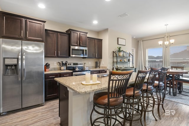 kitchen featuring stainless steel appliances, light hardwood / wood-style flooring, a notable chandelier, an island with sink, and decorative light fixtures