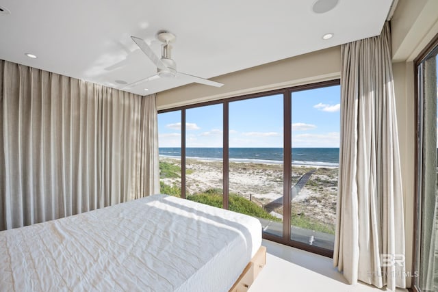 7276 Kiva Way, Gulf Shores, AL 36542 - bedroom featuring view of water and beach, recessed lighting, and a ceiling fan