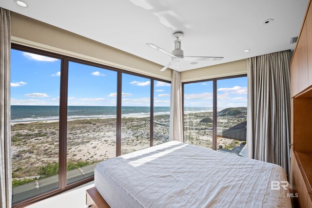7276 Kiva Way, Gulf Shores, AL 36542 - bedroom with view of water and beach, recessed lighting, and ceiling fan