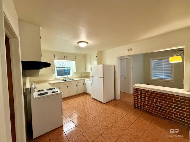 403 Sutherland Dr, Chickasaw, AL 36611 - kitchen featuring white appliances, under cabinet range hood, a sink, light tile patterned flooring, and light countertops