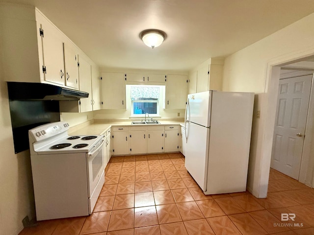 403 Sutherland Dr, Chickasaw, AL 36611 - kitchen featuring white appliances, a sink, light tile patterned flooring, and under cabinet range hood