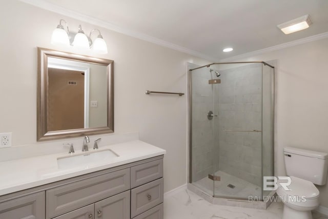 2105 Upham Pl, Mobile, AL 36607 - bathroom with toilet, vanity, a stall shower, crown molding, and marble finish flooring