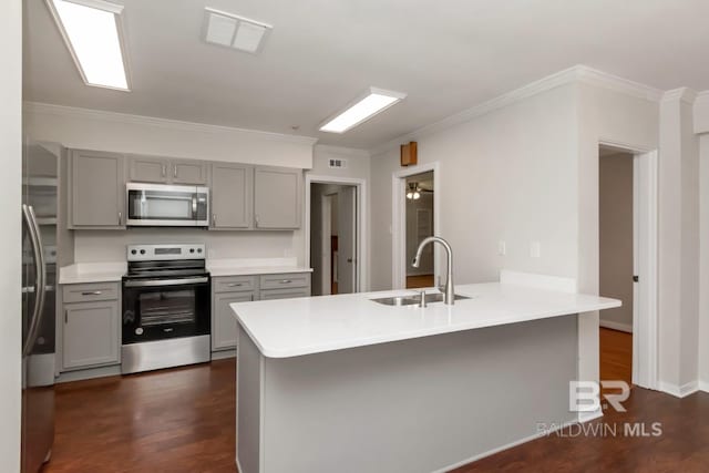 2105 Upham Pl, Mobile, AL 36607 - kitchen with appliances with stainless steel finishes, gray cabinetry, a sink, a peninsula, and dark wood finished floors