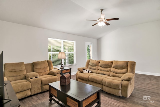 22894 Ridgewood Dr, Robertsdale, AL 36567 - living room featuring a ceiling fan, dark wood finished floors, baseboards, and lofted ceiling
