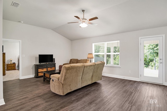 22894 Ridgewood Dr, Robertsdale, AL 36567 - living room featuring dark wood-style flooring, ceiling fan, lofted ceiling, and baseboards
