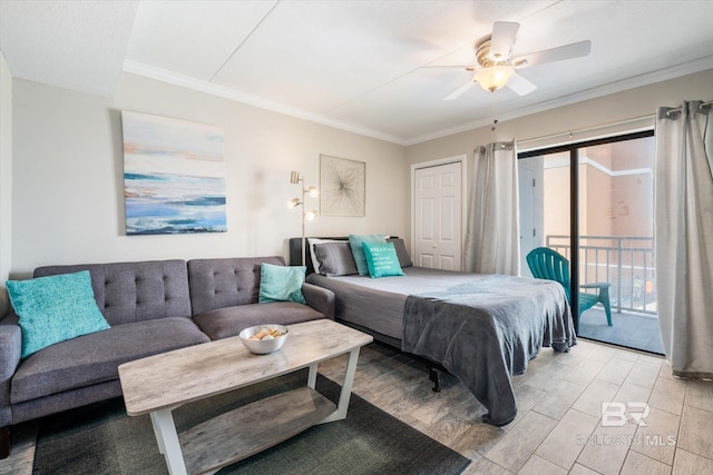 bedroom featuring ceiling fan, light wood-type flooring, access to exterior, and ornamental molding