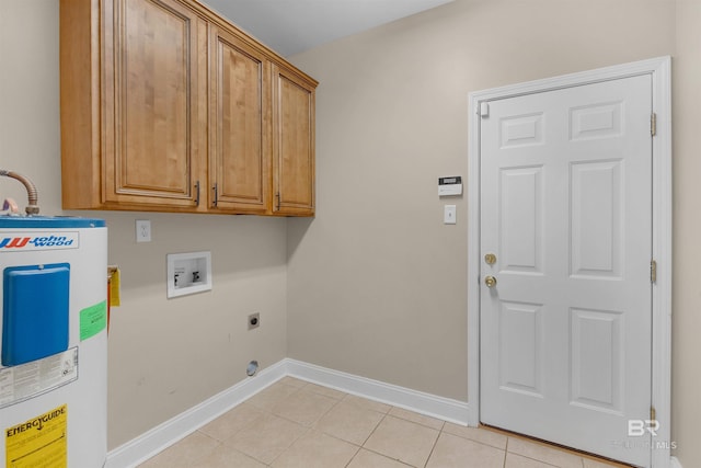 laundry area featuring cabinets, washer hookup, light tile patterned floors, electric dryer hookup, and electric water heater