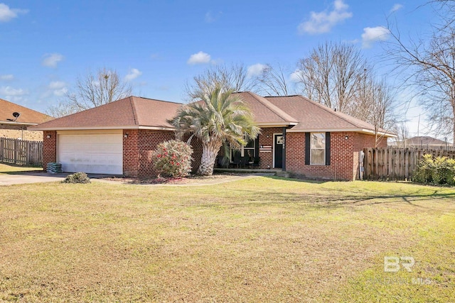 ranch-style home with a front lawn, brick siding, fence, and an attached garage